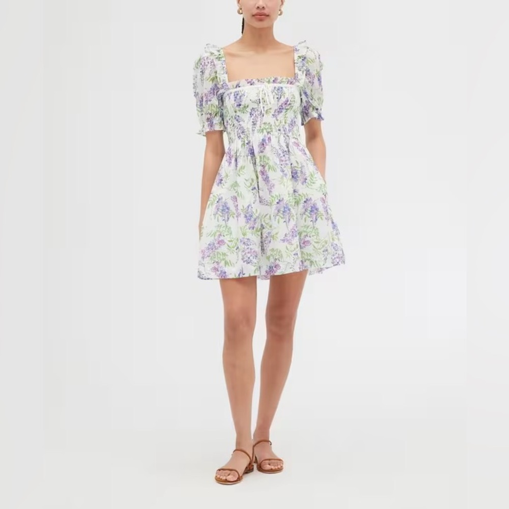 Hill House Mini Dress in White with Lavender & Green Floral Print